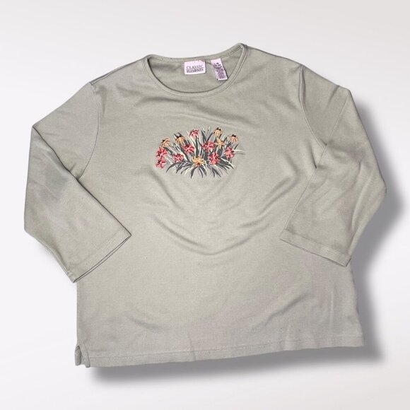 Classic Elements Green Embroidered Beaded Floral 3/4 Sleeve Top Size Large - Picture 10 of 10